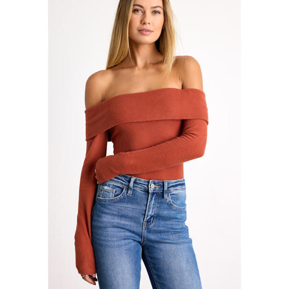 Lulus Sabriel Rust Orange Off-the-shoulder Long Sleeve Top - Size S